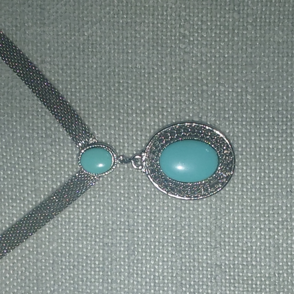 Vintage Park Lane Silver Tone Mesh Choker Necklace & Turquoise Pendant
